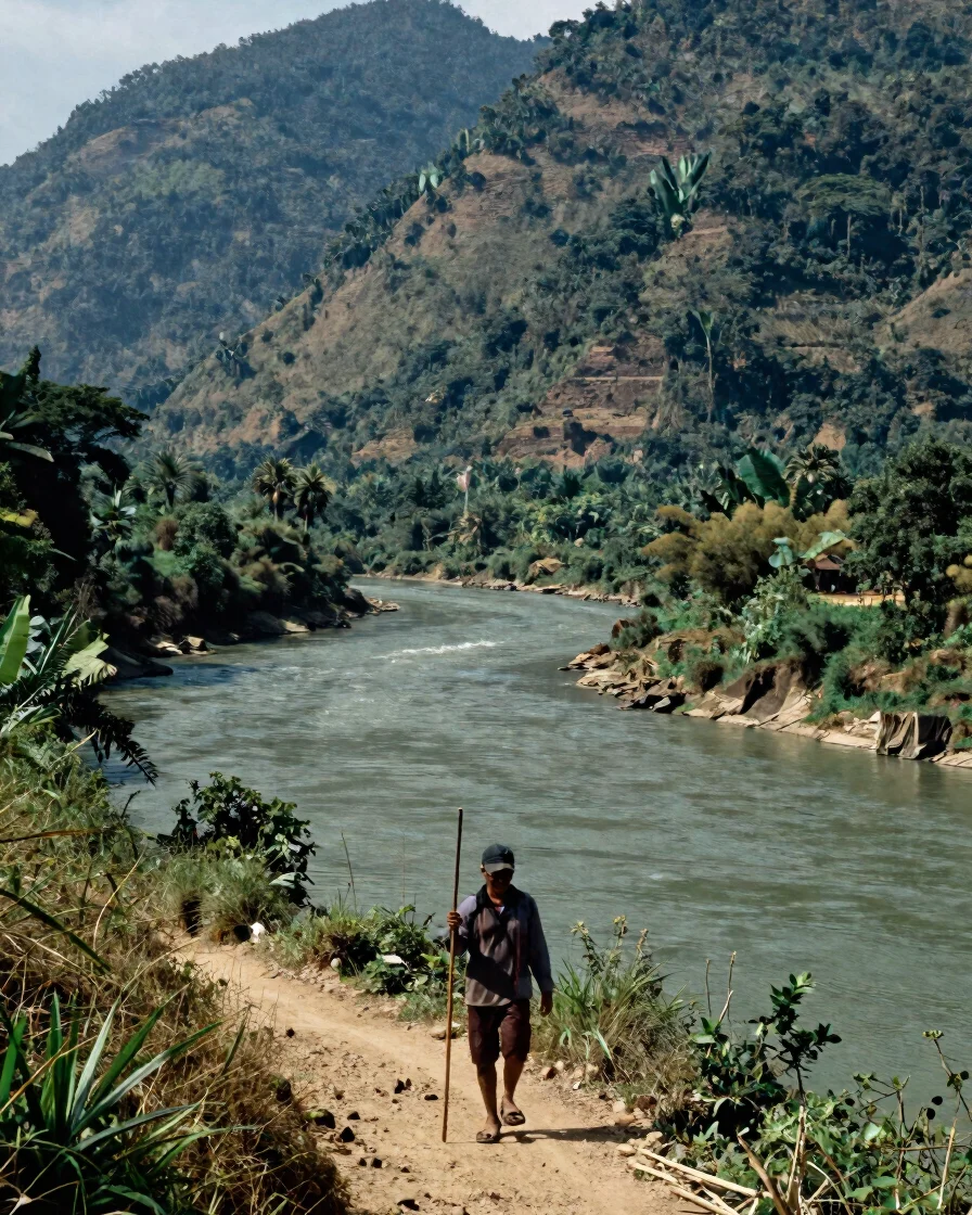 Wide documentary photograph of a river valley in northern Laos, humid soft daylight, forested hills, a local guide with