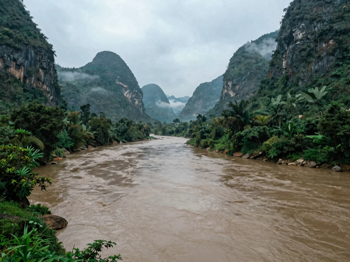 Wide environmental view of a misty green river valley in northern Laos during the wet season, swollen brown river, fores