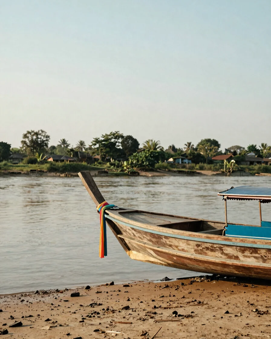 Close detail of a wooden longtail boat hull resting on a sandy riverbank in Laos, soft warm late-day light, natural colo